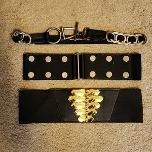 Lot of 3 black wide stretchy belts gold silver